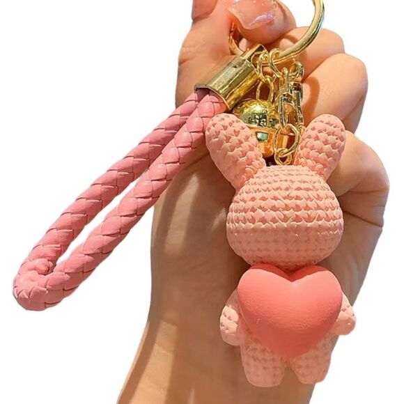 RESIN Rabbit Bell Charm Keychain Anime Bunny Heart Keyring Dangle - Picture 1 of 7